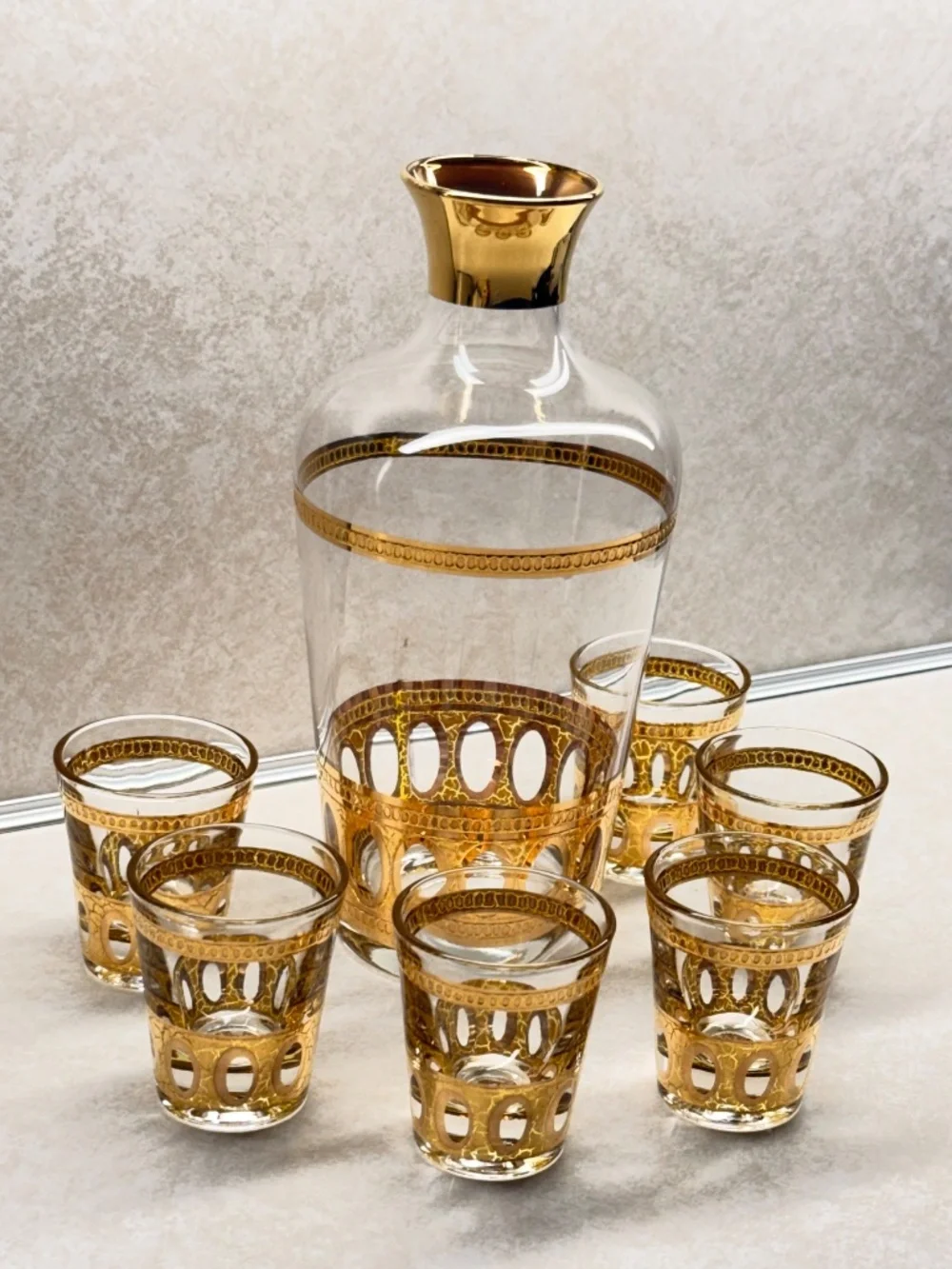 Culver Inc Antigua Carafe and Glasses Set (7) 22K Gold Mid Century